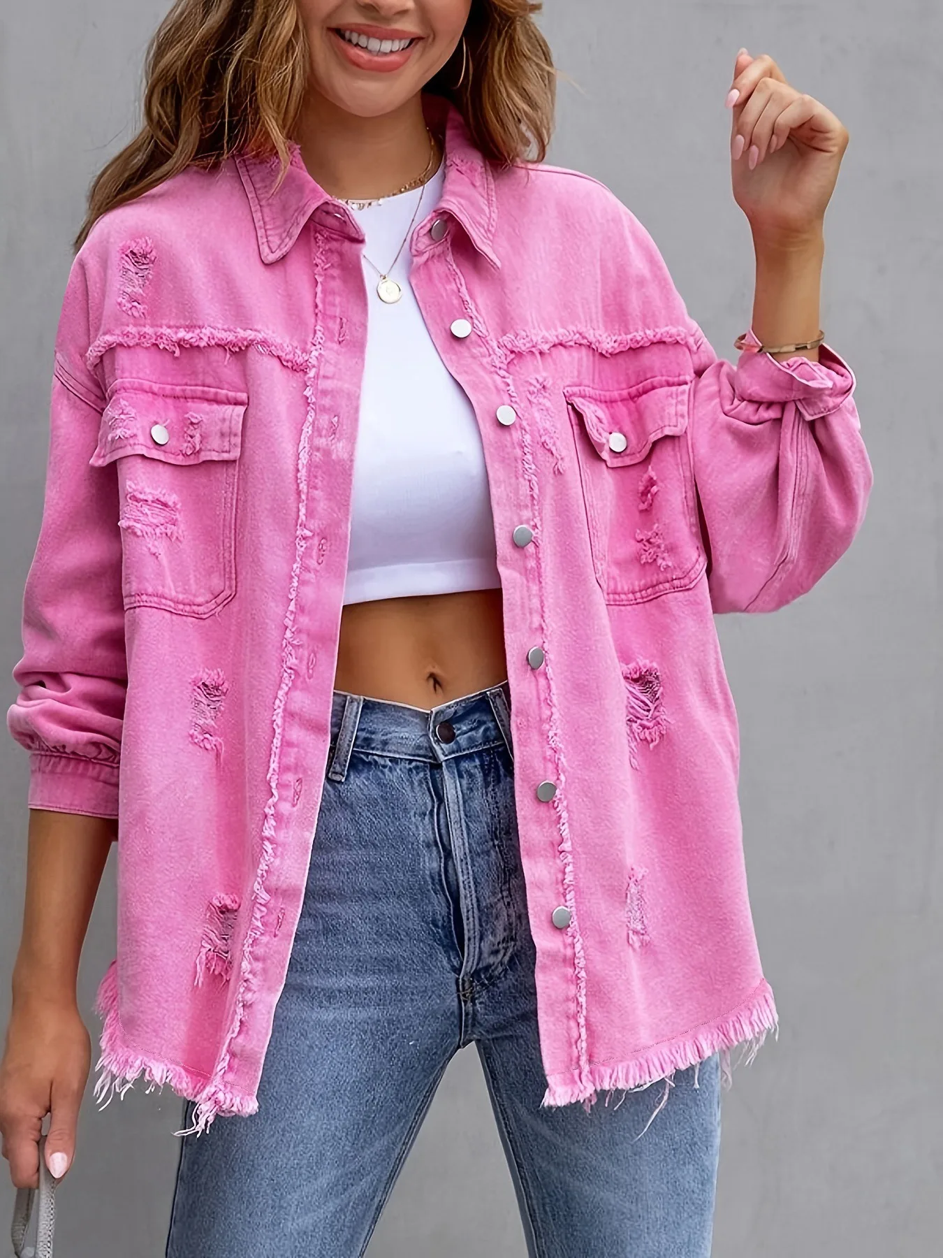 Pink Distressed Long-Sleeve Denim Jacket