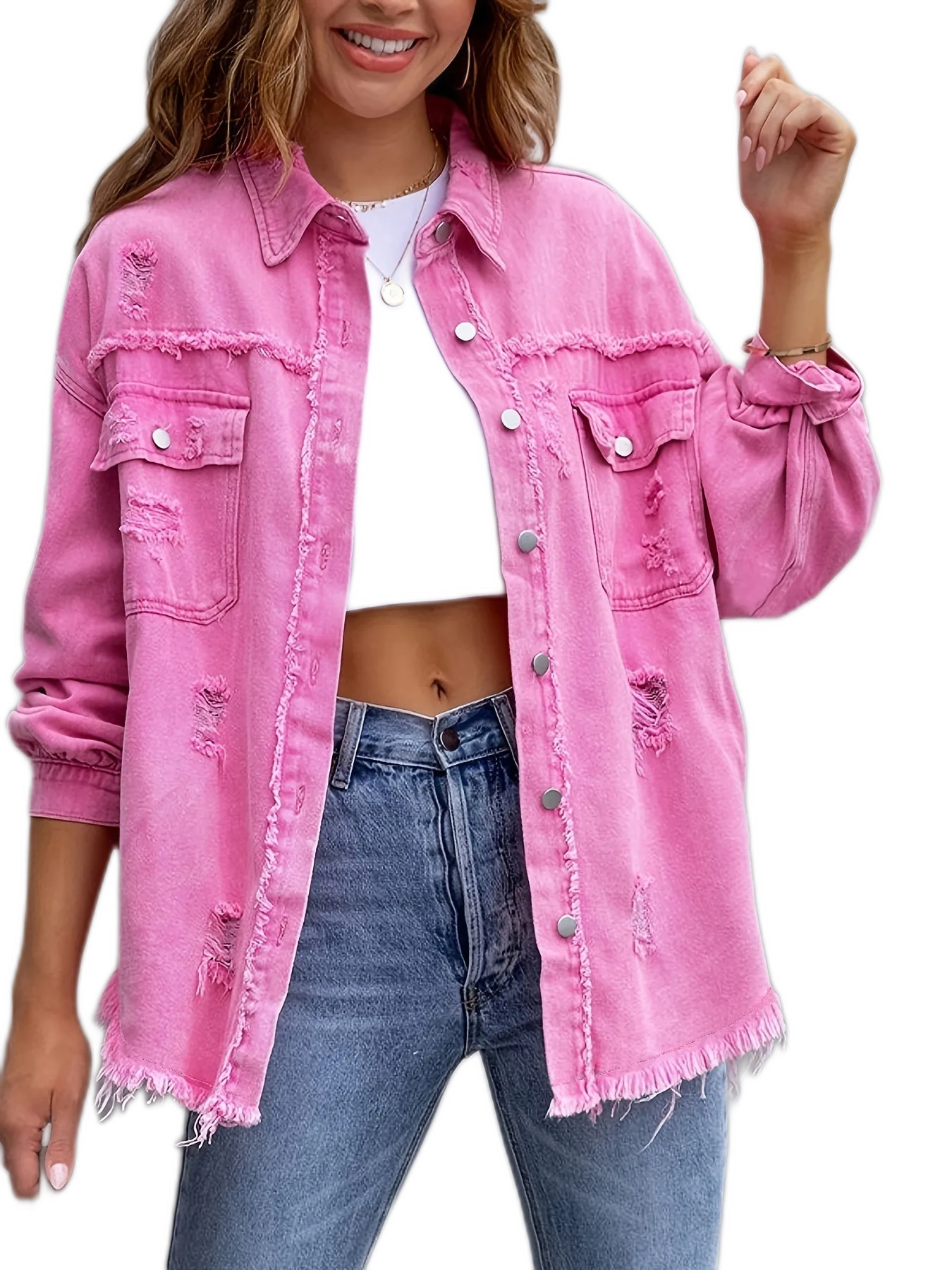 Pink Distressed Long-Sleeve Denim Jacket
