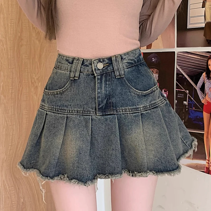 Blue Denim High-Waisted A-Line Pleated Mini Skirt