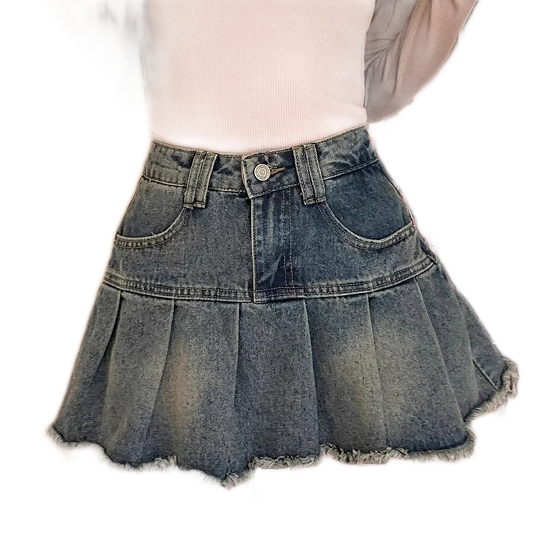 Blue Denim High-Waisted A-Line Pleated Mini Skirt