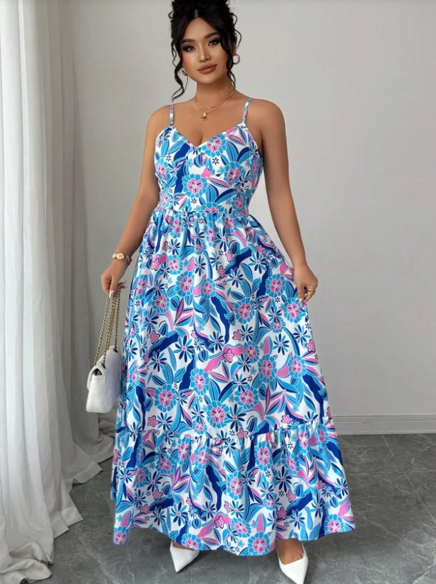 Blue and White Floral Camisole Maxi Dress