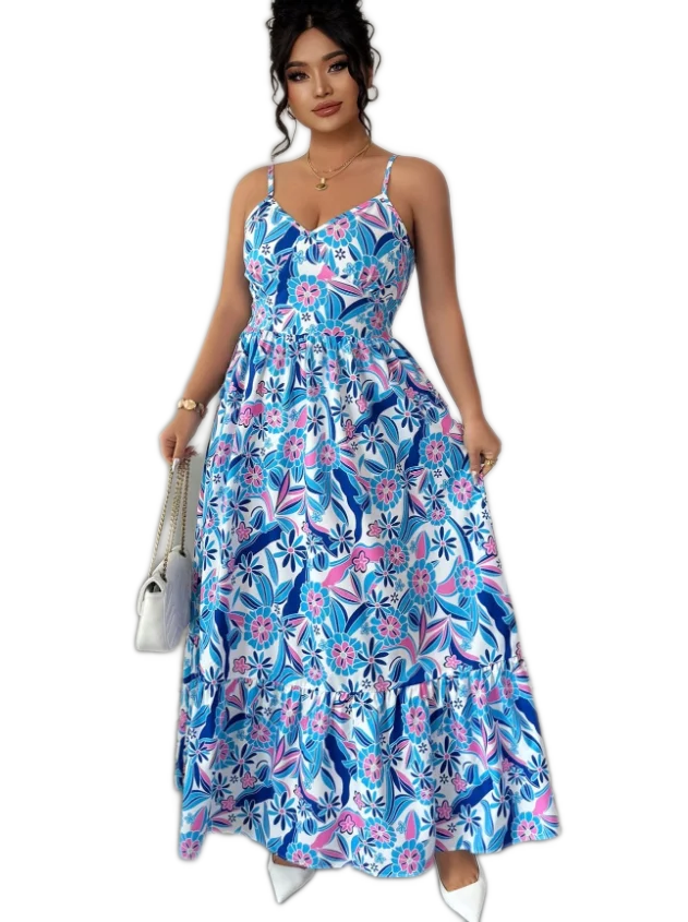 Blue and White Floral Camisole Maxi Dress