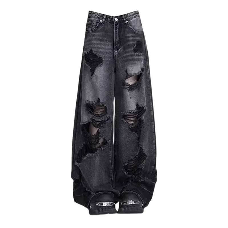 Black Ripped Wide-Leg High-Waisted Jeans