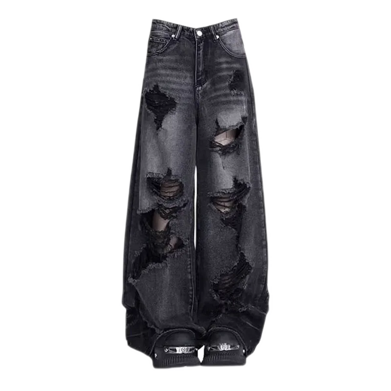 Black Ripped Wide-Leg High-Waisted Jeans