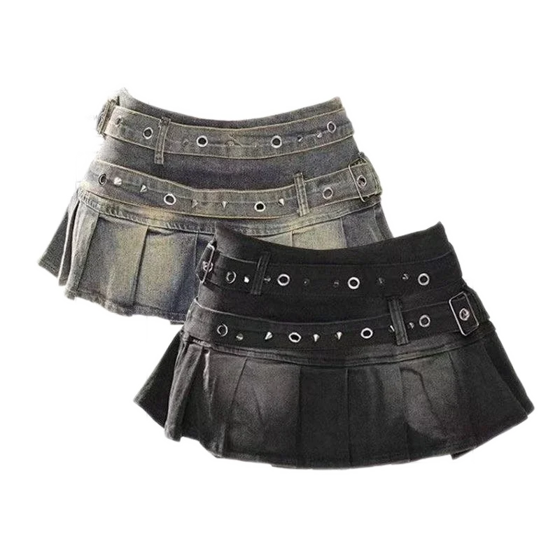 Studded Belt Pleated Denim Mini Skirt