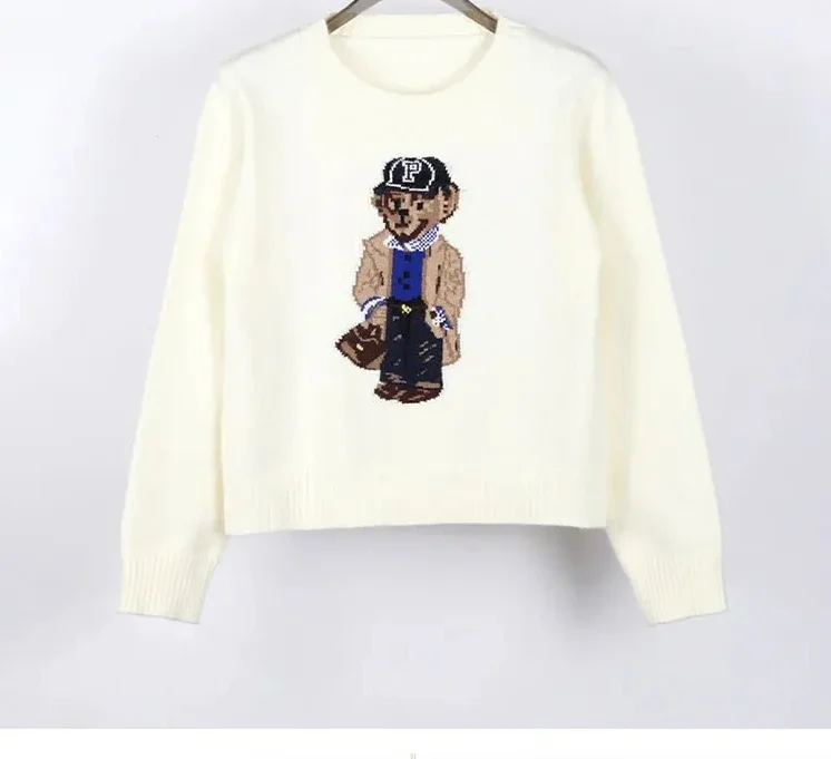 Jacquard Bear Pattern Crochet Knit Sweater Pullover