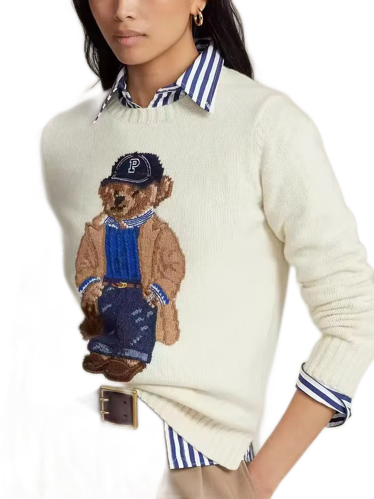 Jacquard Bear Pattern Crochet Knit Sweater Pullover