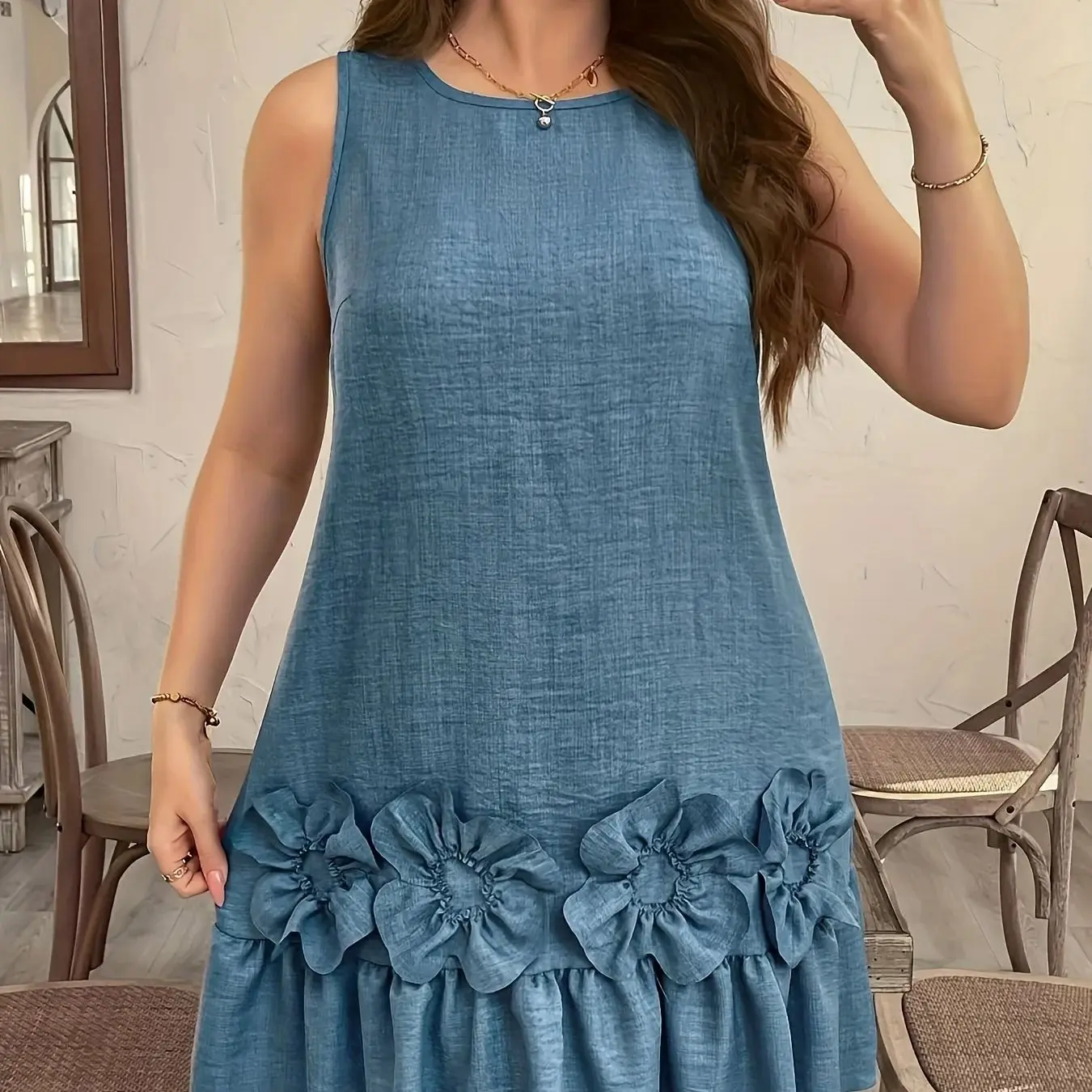 Blue Embossed Floral Applique Sleeveless Midi Dress