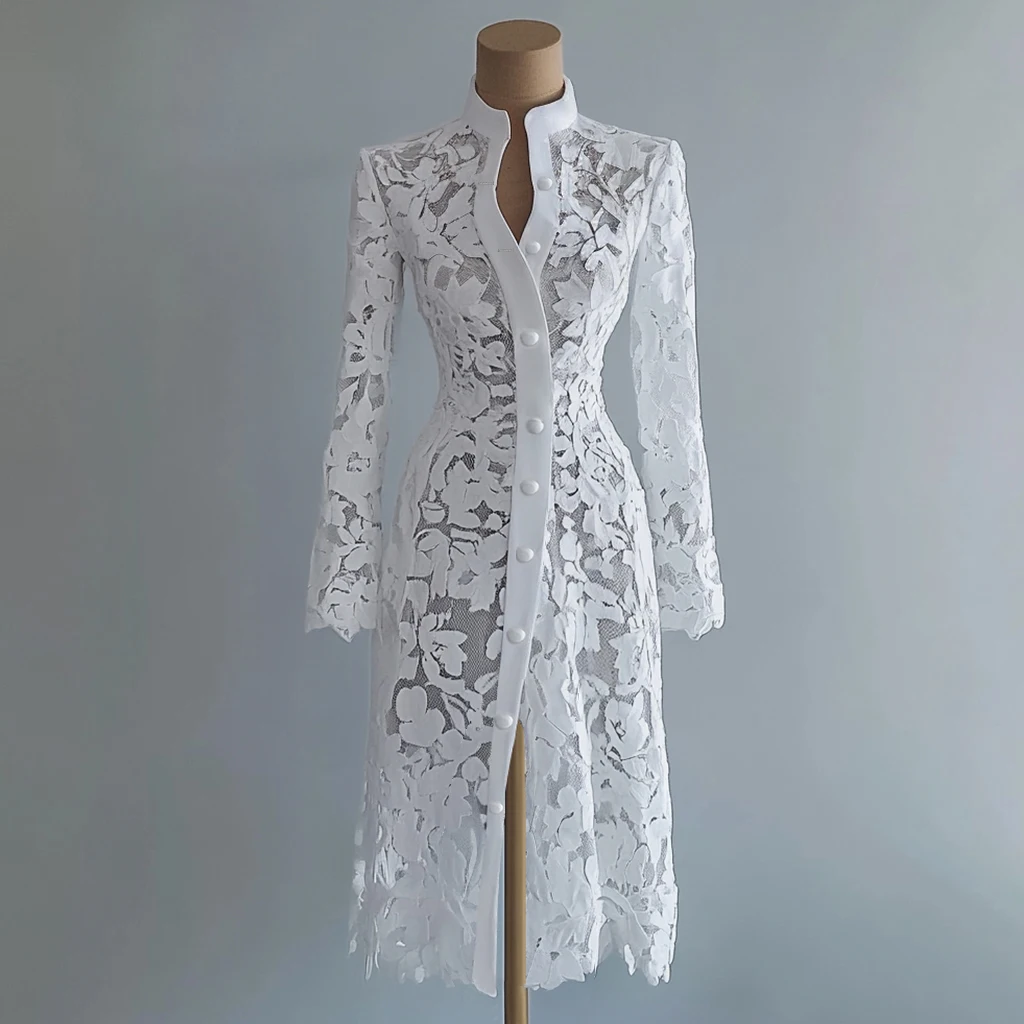 White Floral Lace Hollow-Out Long Sleeve Midi Dress