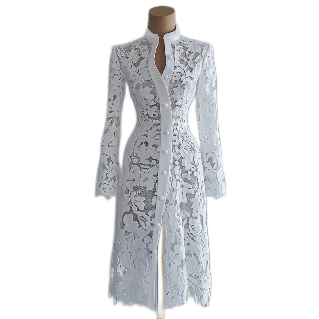 White Floral Lace Hollow-Out Long Sleeve Midi Dress