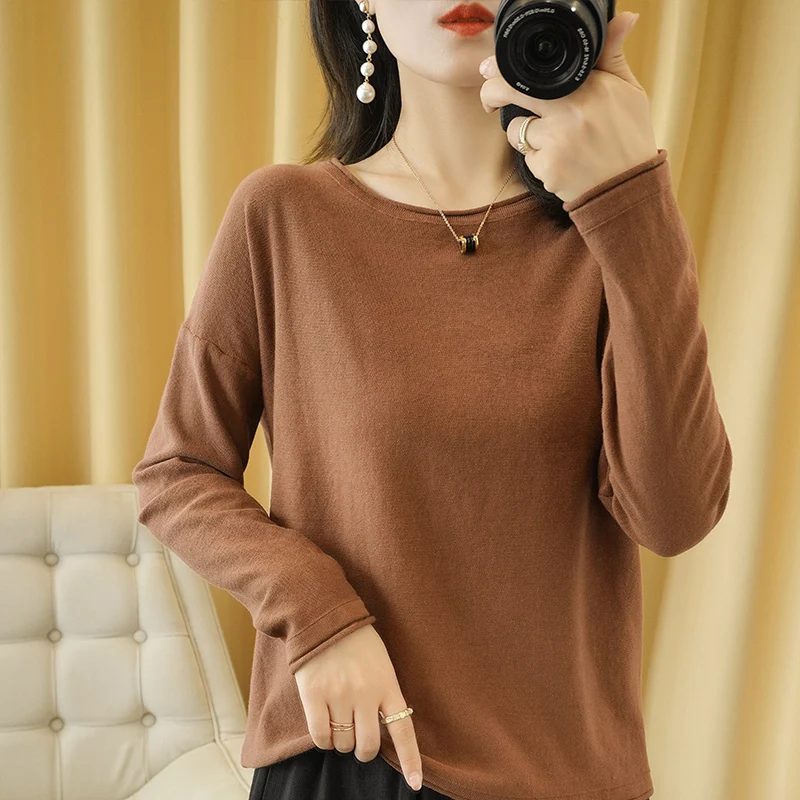 Crimped Edge O-Neck Cotton Knit Pullover Sweater