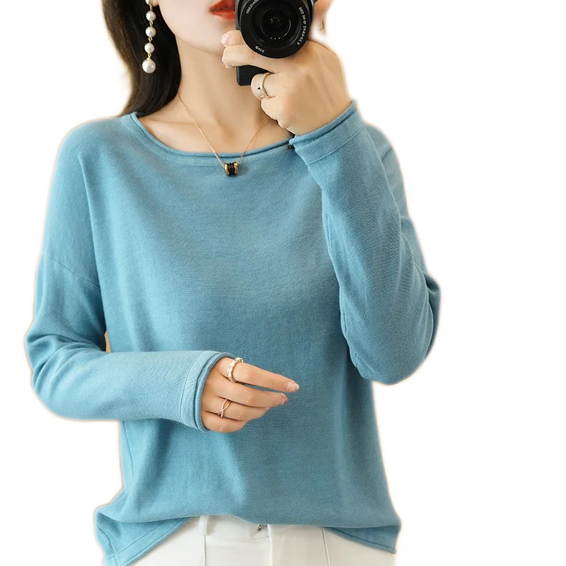 Crimped Edge O-Neck Cotton Knit Pullover Sweater
