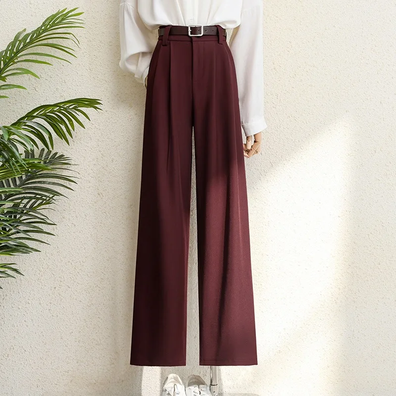 Burgundy Wide Leg High-Waist Office Trousers with Pockets