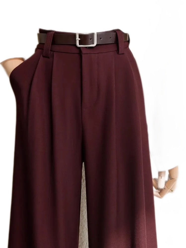 Burgundy Wide Leg High-Waist Office Trousers with Pockets