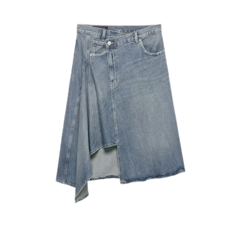 Light Blue Asymmetric Denim Skirt with Pockets