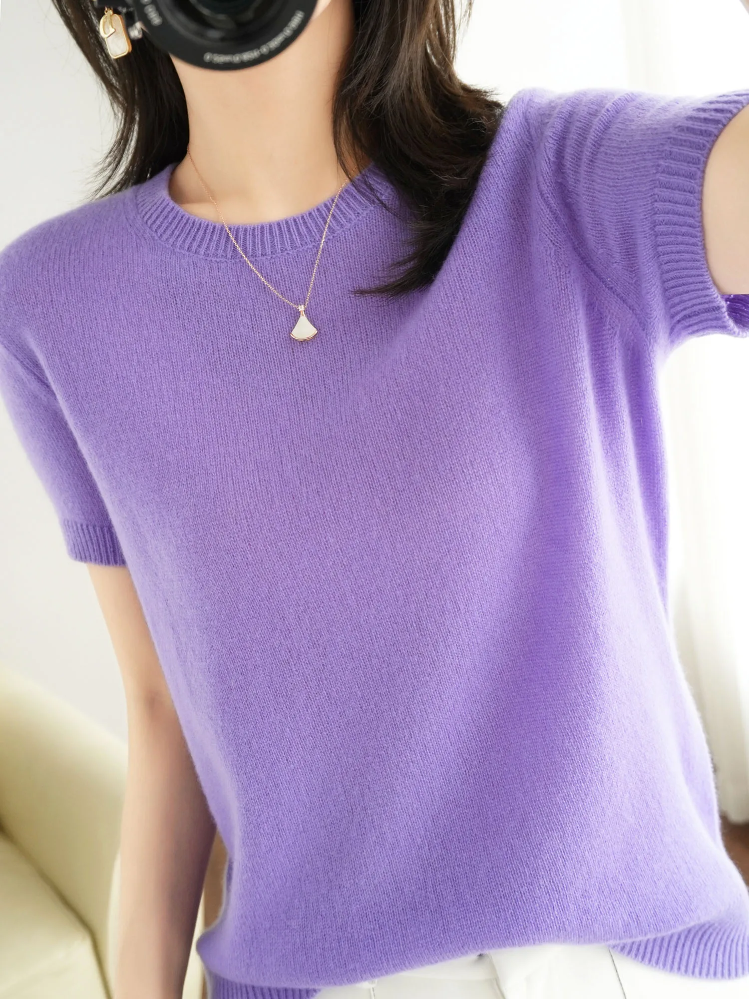 O-Neck Wool Cotton Blend Short-Sleeve Knit Top
