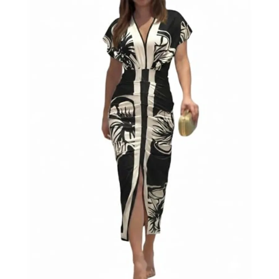 Black Floral Print Plunge V-Neck Ruched Bodycon Midi Dress
