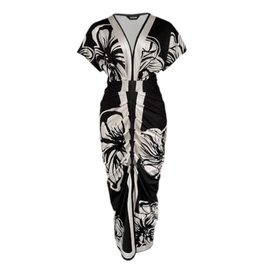 Black Floral Print Plunge V-Neck Ruched Bodycon Midi Dress