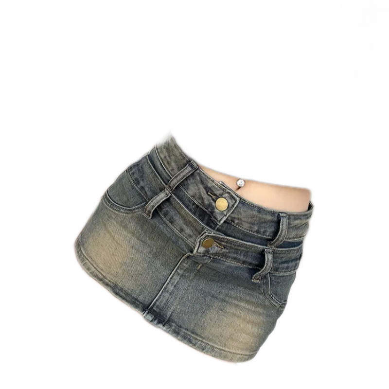 Vintage Double-Waisted Denim Skirt-Pants