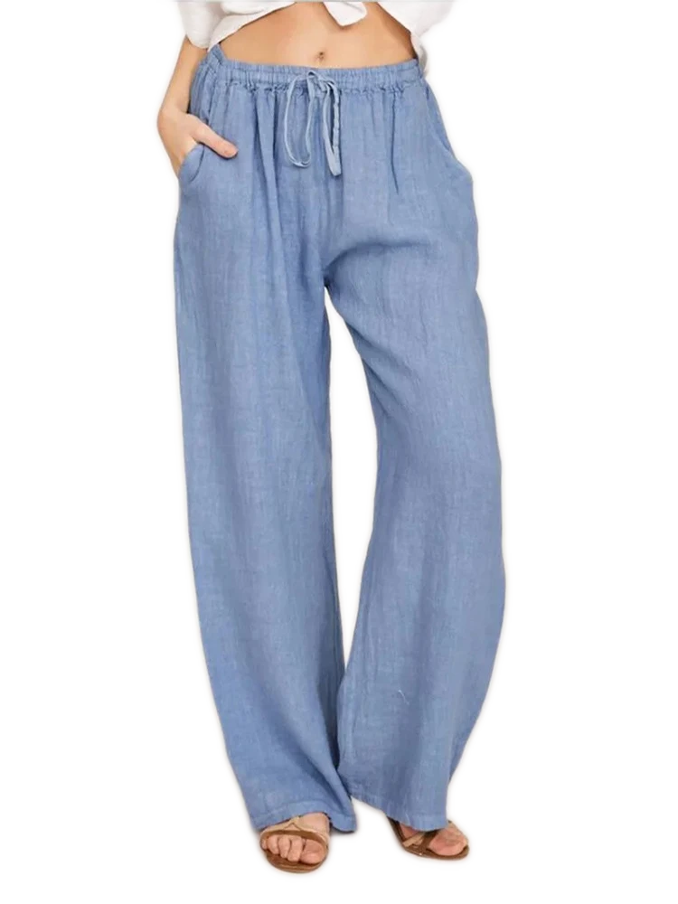 High-Waist Wide-Leg Linen Drawstring Pants