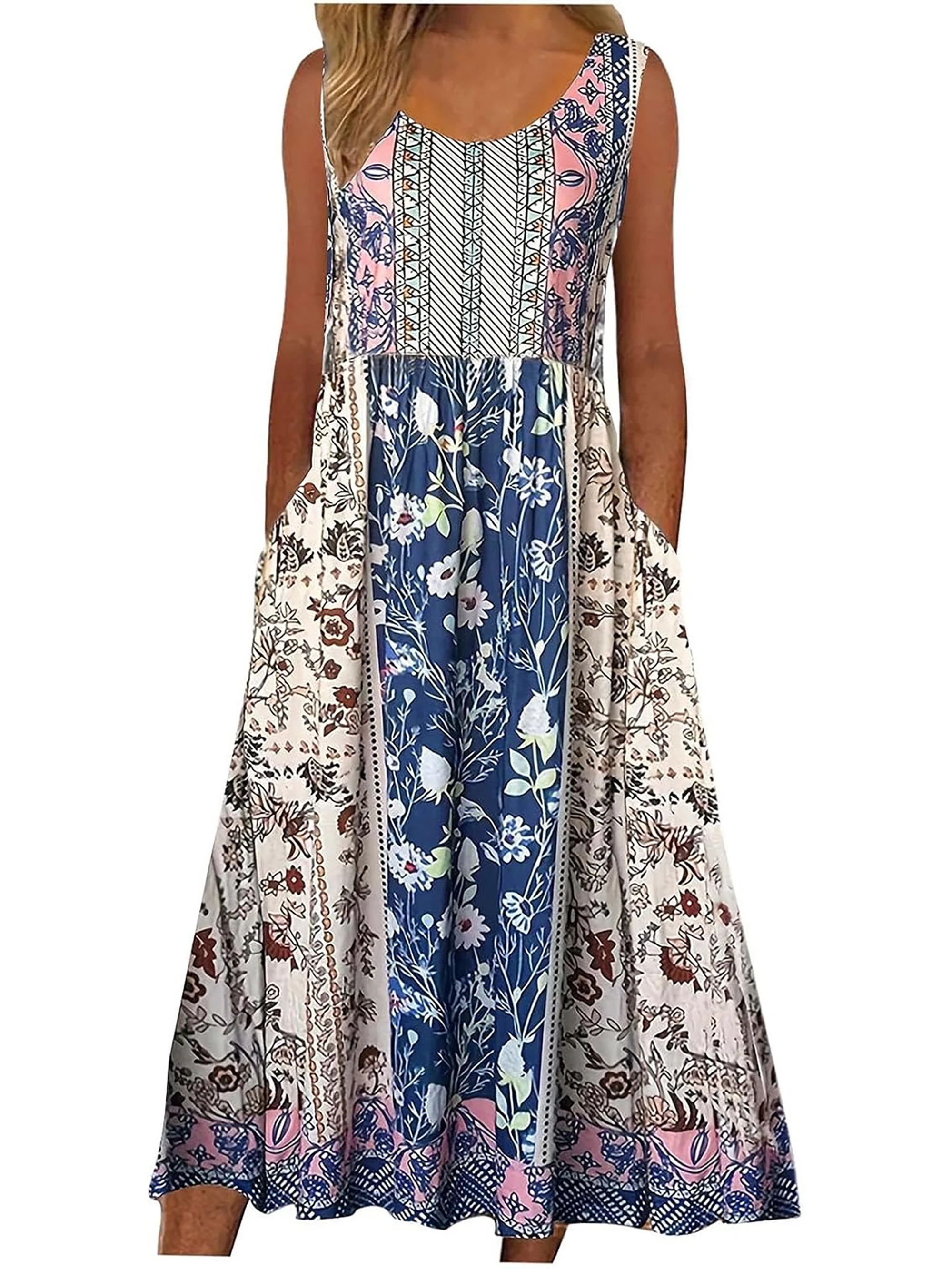 Bohemian Floral Sleeveless Midi Sundress with Pockets
