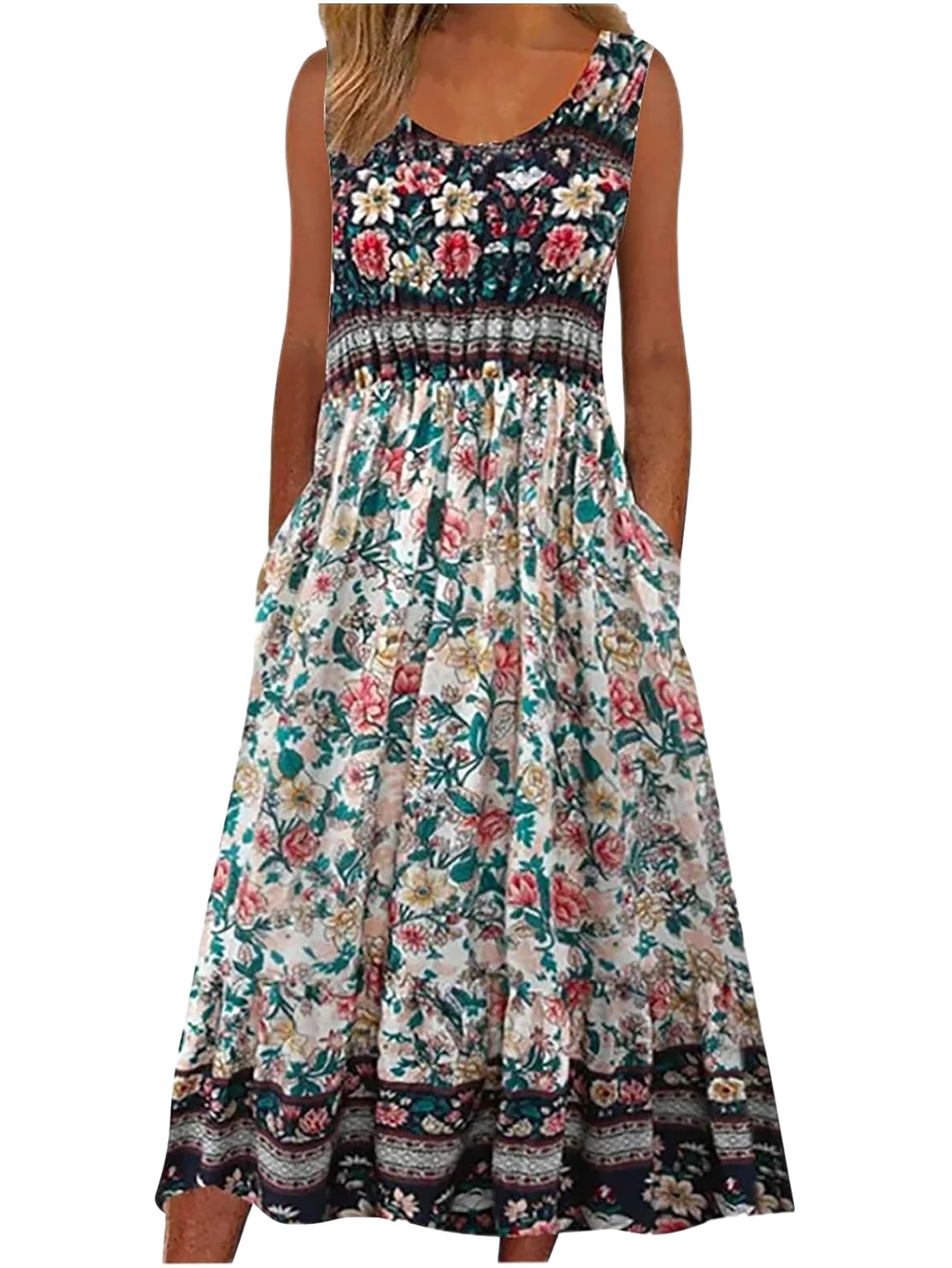 Bohemian Floral Sleeveless Midi Sundress with Pockets