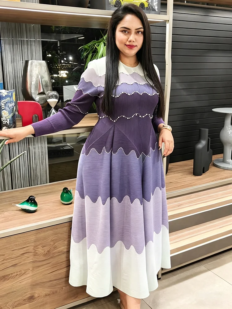 Beaded Color Block Long Sleeve Flared Maxi Evening Dress