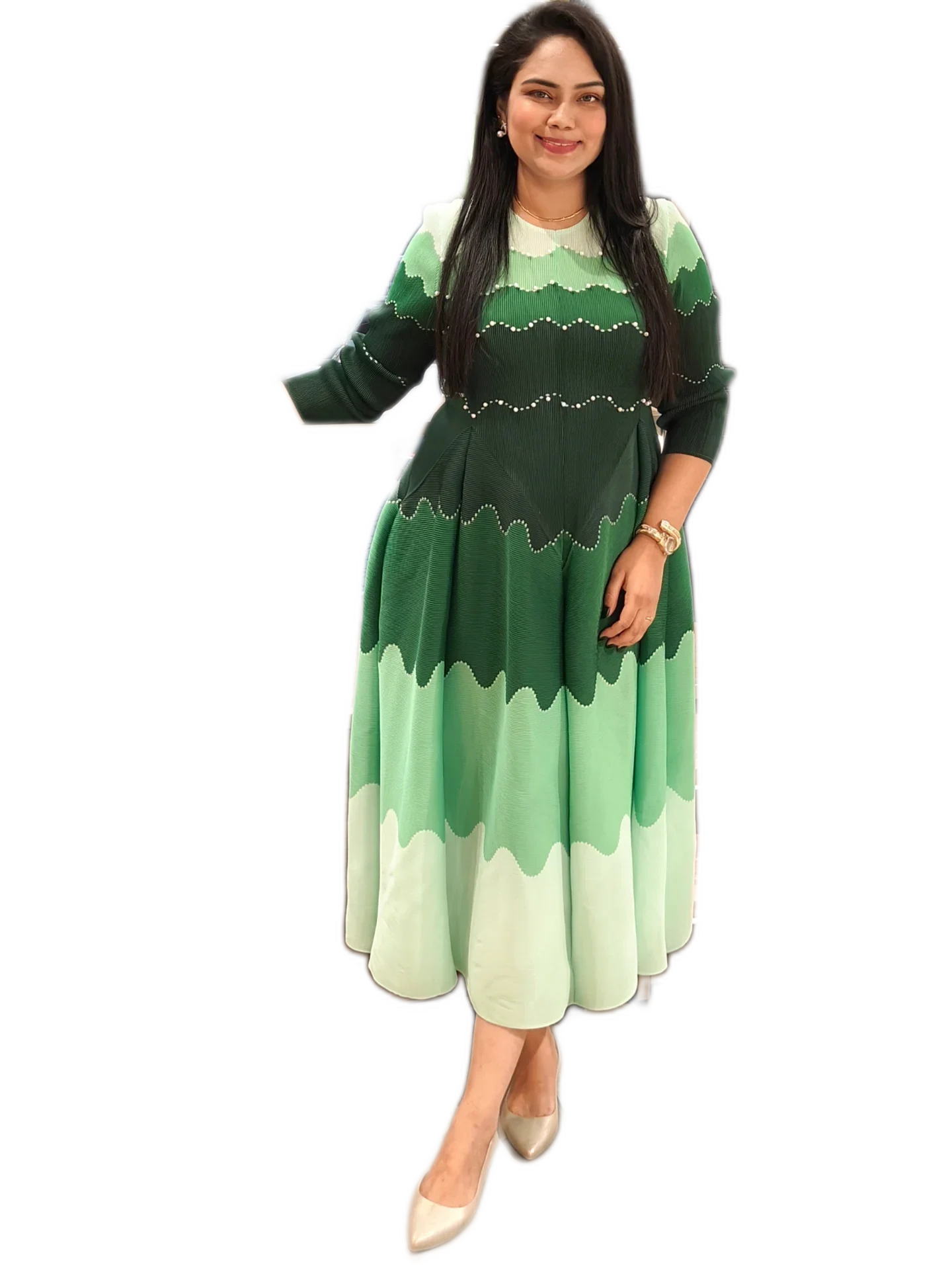 Beaded Color Block Long Sleeve Flared Maxi Evening Dress