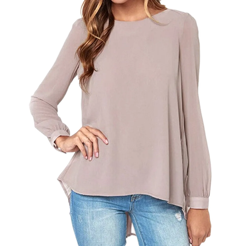 Khaki Loose Fit Chiffon Long Sleeve Casual Blouse