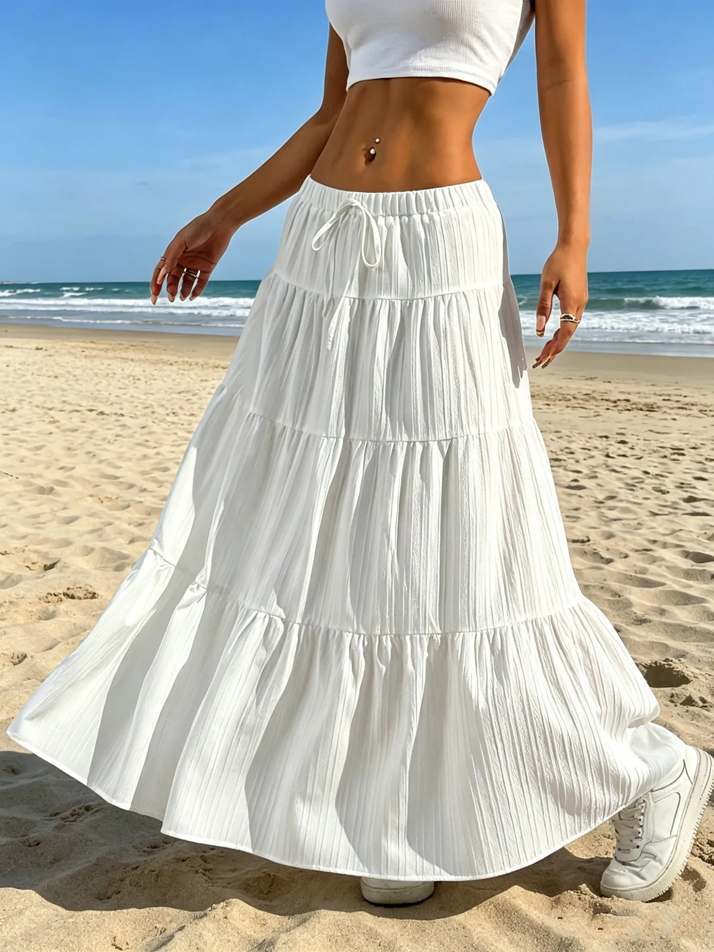 Pleated High-Waisted Drawstring Flared Midi Dress