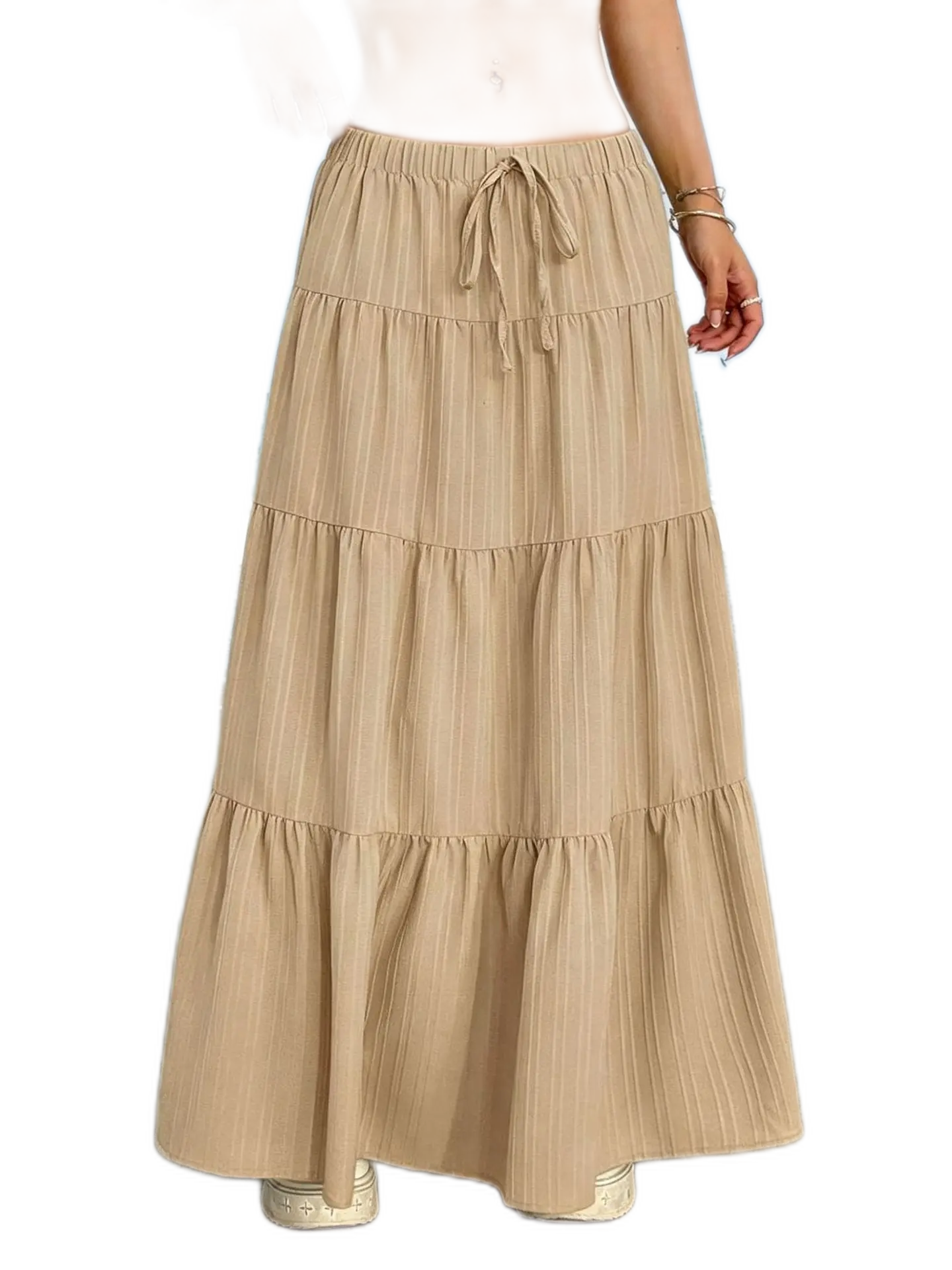 Pleated High-Waisted Drawstring Flared Midi Dress