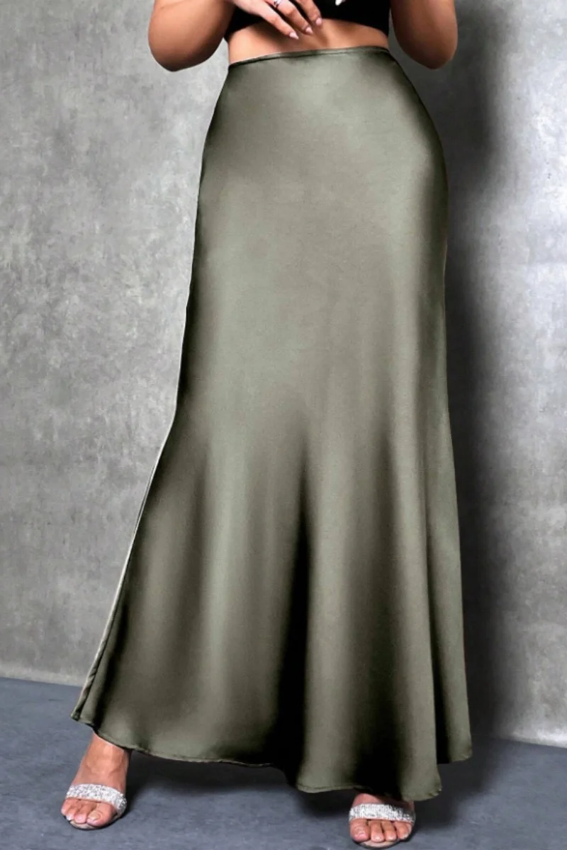 Silk-Like Satin High-Waist A-Line Mermaid Midi Skirt