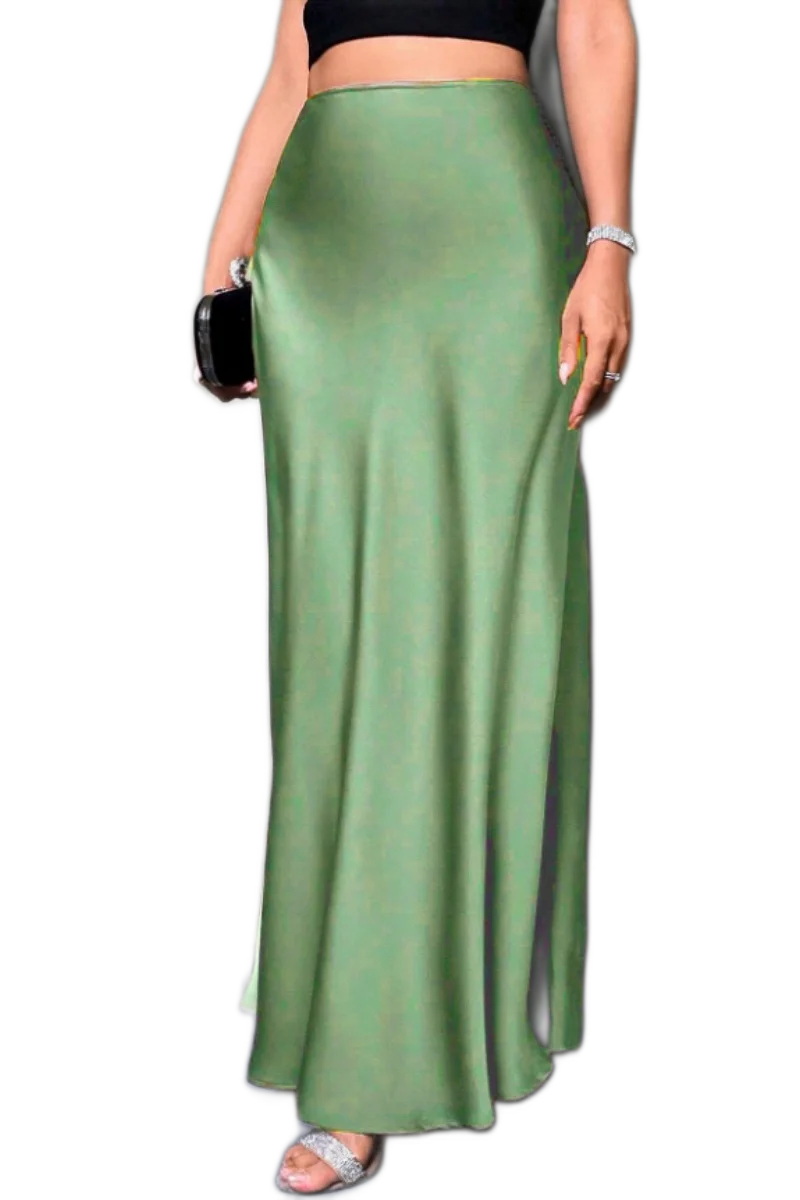 Silk-Like Satin High-Waist A-Line Mermaid Midi Skirt