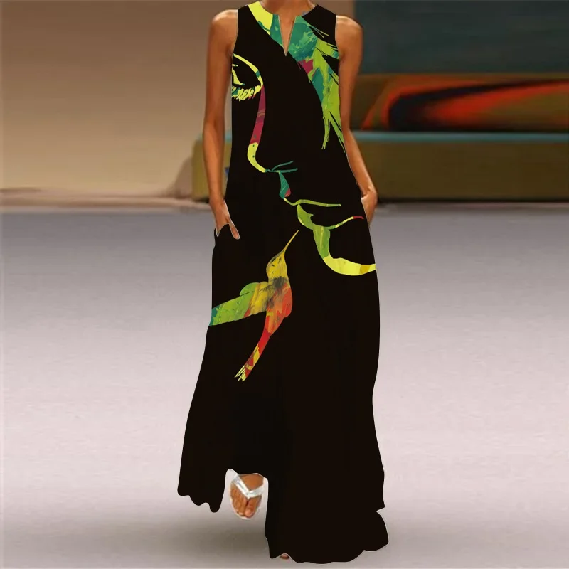 Vintage Print Sleeveless Loose Maxi Sundress