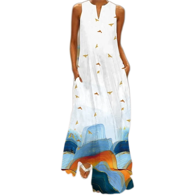Vintage Print Sleeveless Loose Maxi Sundress