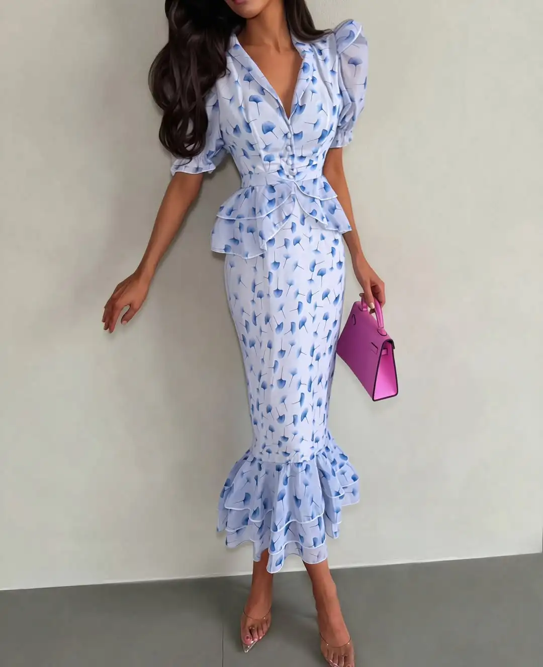 Blue Floral Print Puff Sleeve Peplum Midi Dress