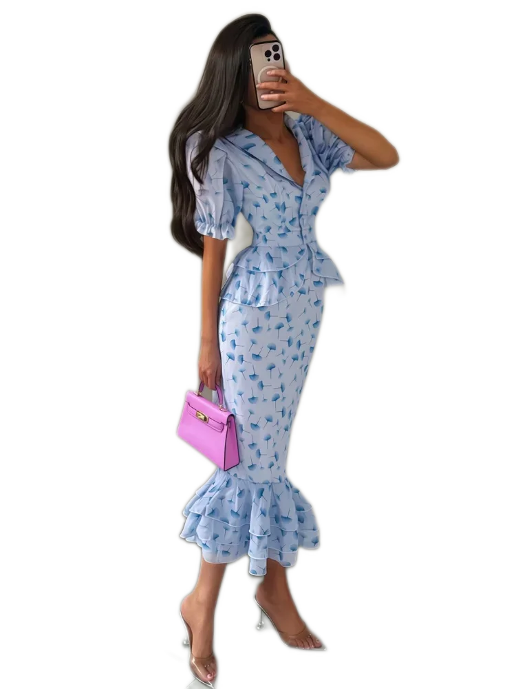Blue Floral Print Puff Sleeve Peplum Midi Dress