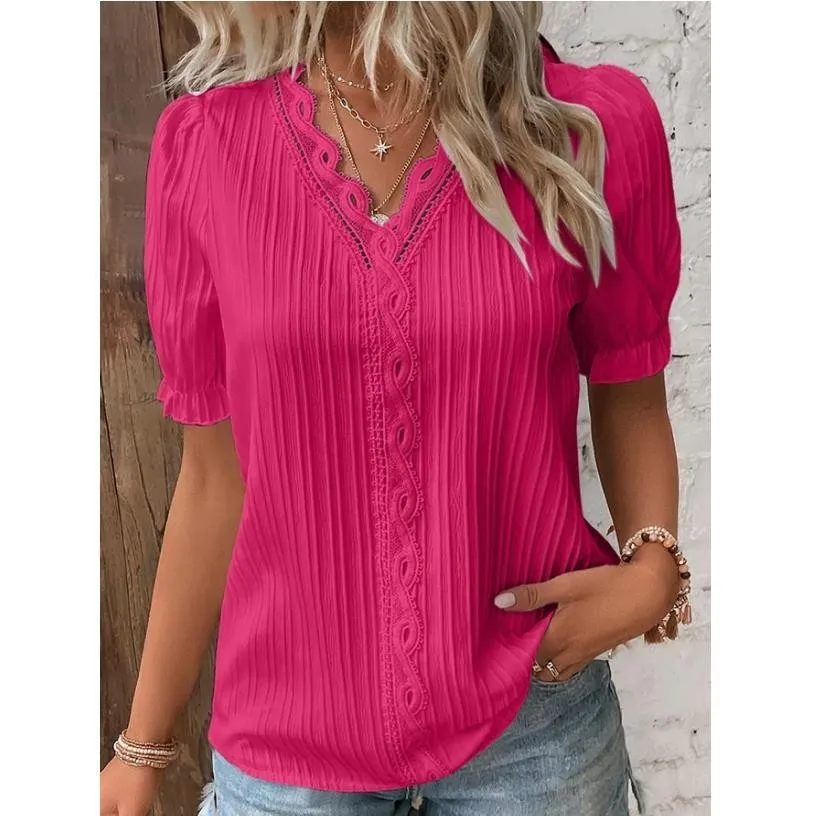 Solid V-Neck Hollow-Out Short Sleeve Splice Blouse