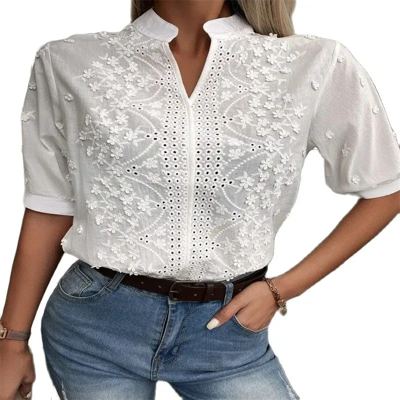 Ivory Cotton Crochet Hollow-Out Embroidered Blouse