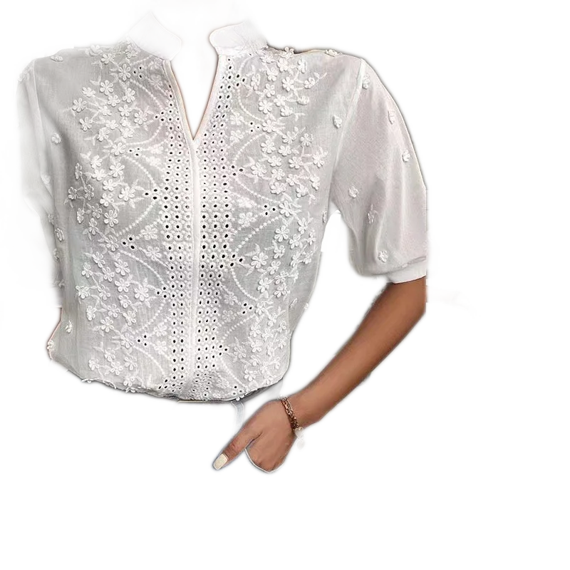 Ivory Cotton Crochet Hollow-Out Embroidered Blouse