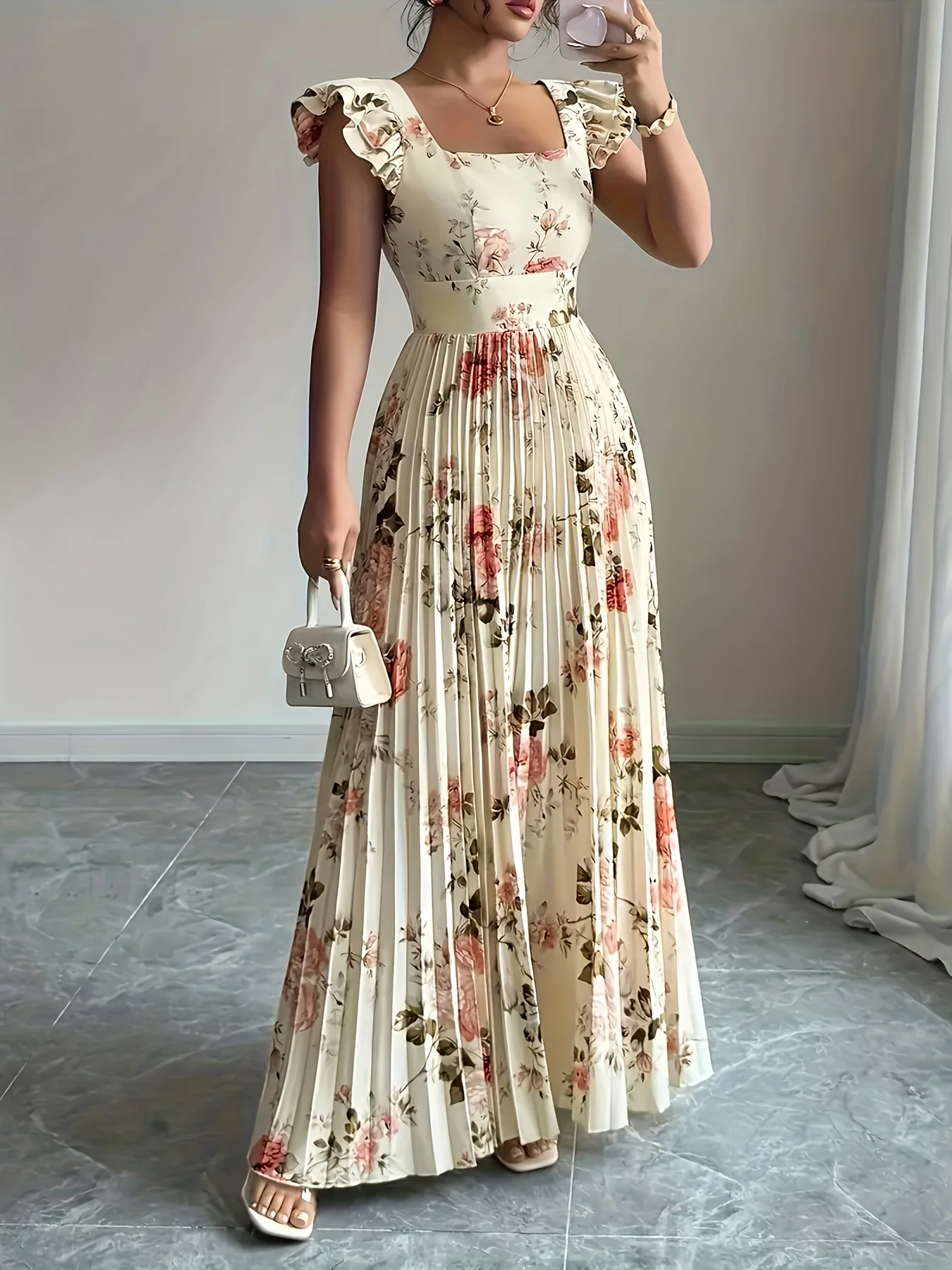 Ivory Floral Pleated Midi Dress with Ruffle Square Neck