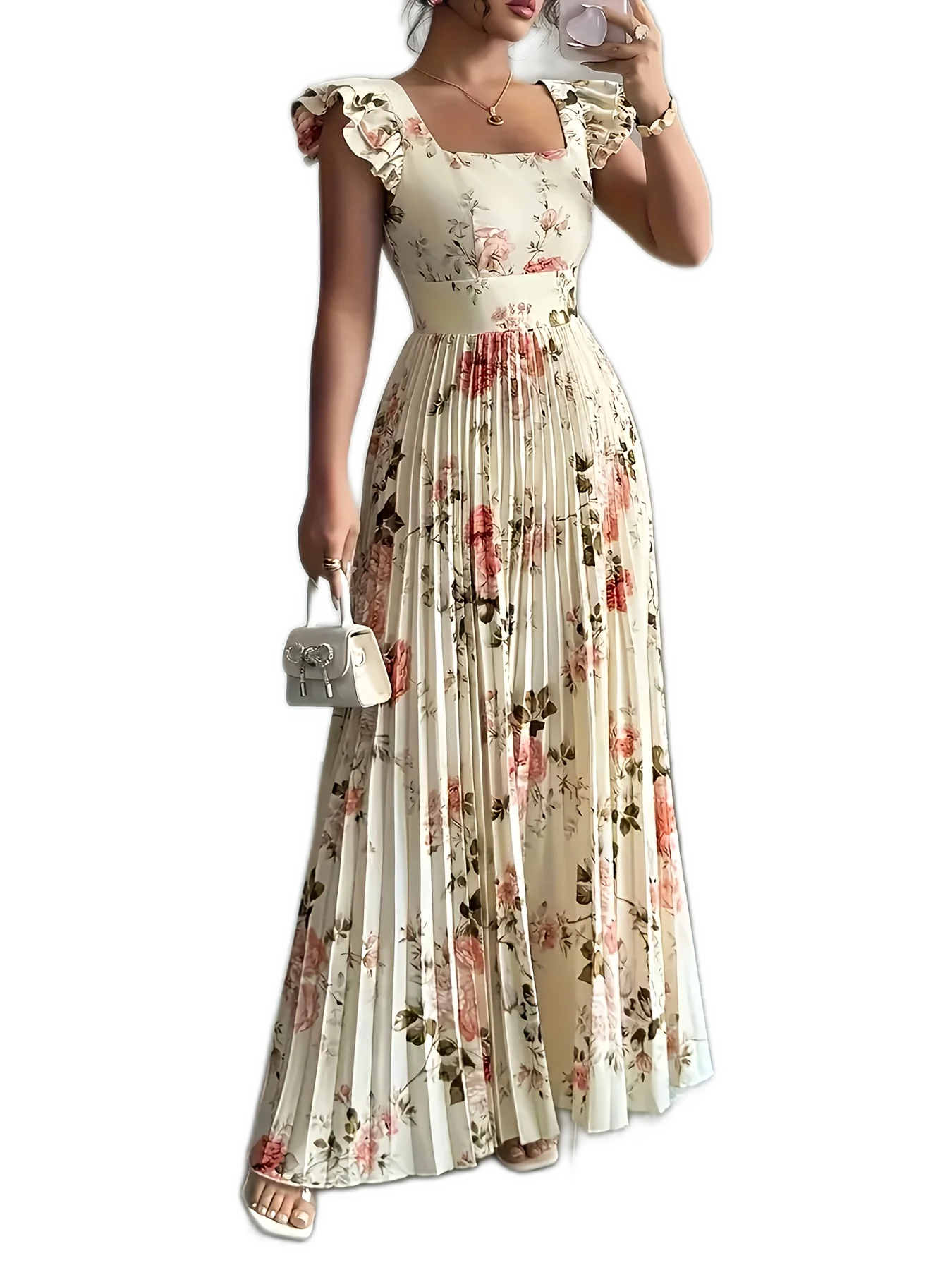 Ivory Floral Pleated Midi Dress with Ruffle Square Neck