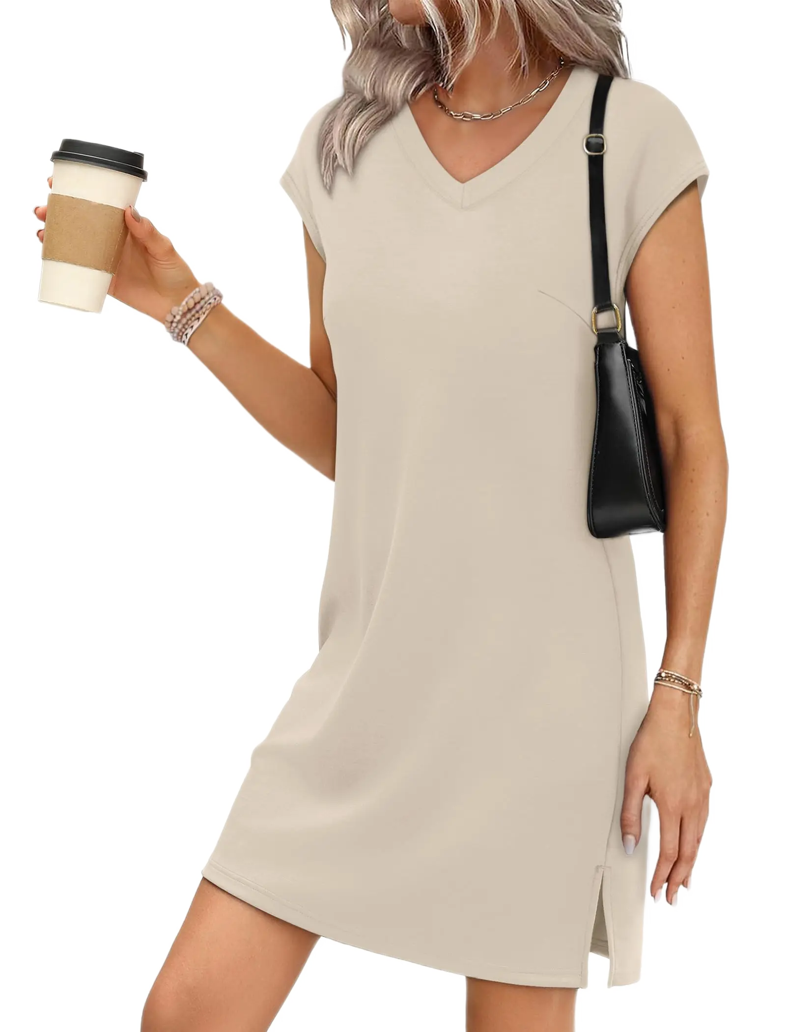 Beige V-Neck Short Sleeve Casual Mini Dress